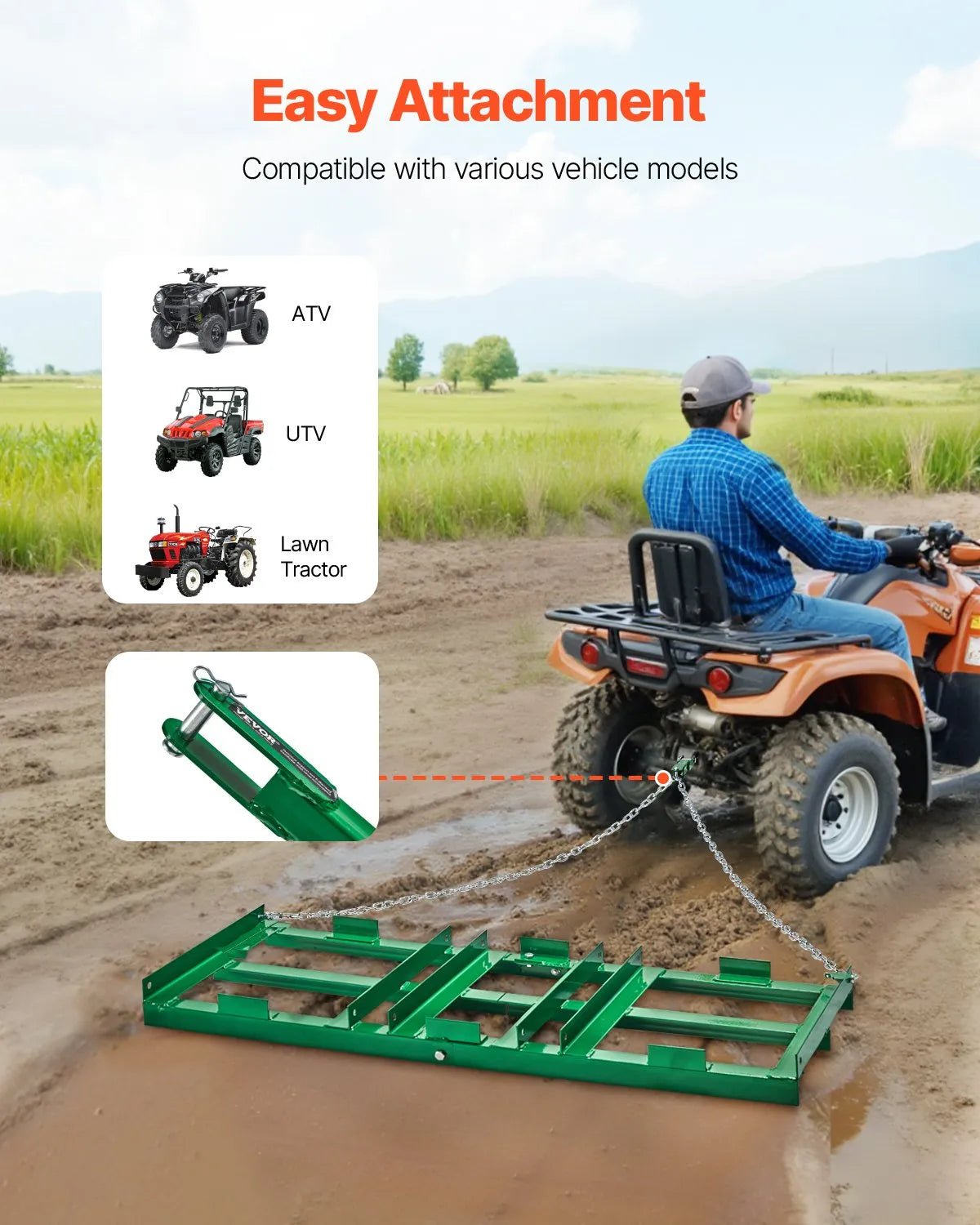 VEVOR velkamais ecēšu izlīdzinātājs, 1220 mm darba platums, Q235 tērauds, ar regulējamiem stieņiem un 1829 mm ķēdi, paredzēts ATV, UTV, traktoriem un zāles pļāvējiem, teritoriju un zāliena izlīdzināšanai - ZEMLETES.LV
