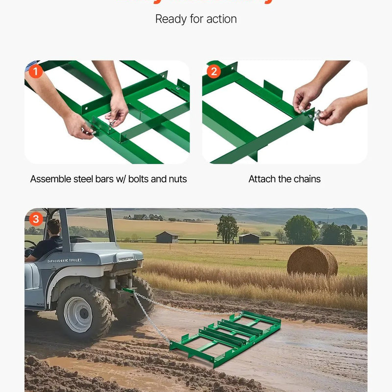 VEVOR velkamais ecēšu izlīdzinātājs, 1220 mm darba platums, Q235 tērauds, ar regulējamiem stieņiem un 1829 mm ķēdi, paredzēts ATV, UTV, traktoriem un zāles pļāvējiem, teritoriju un zāliena izlīdzināšanai - ZEMLETES.LV
