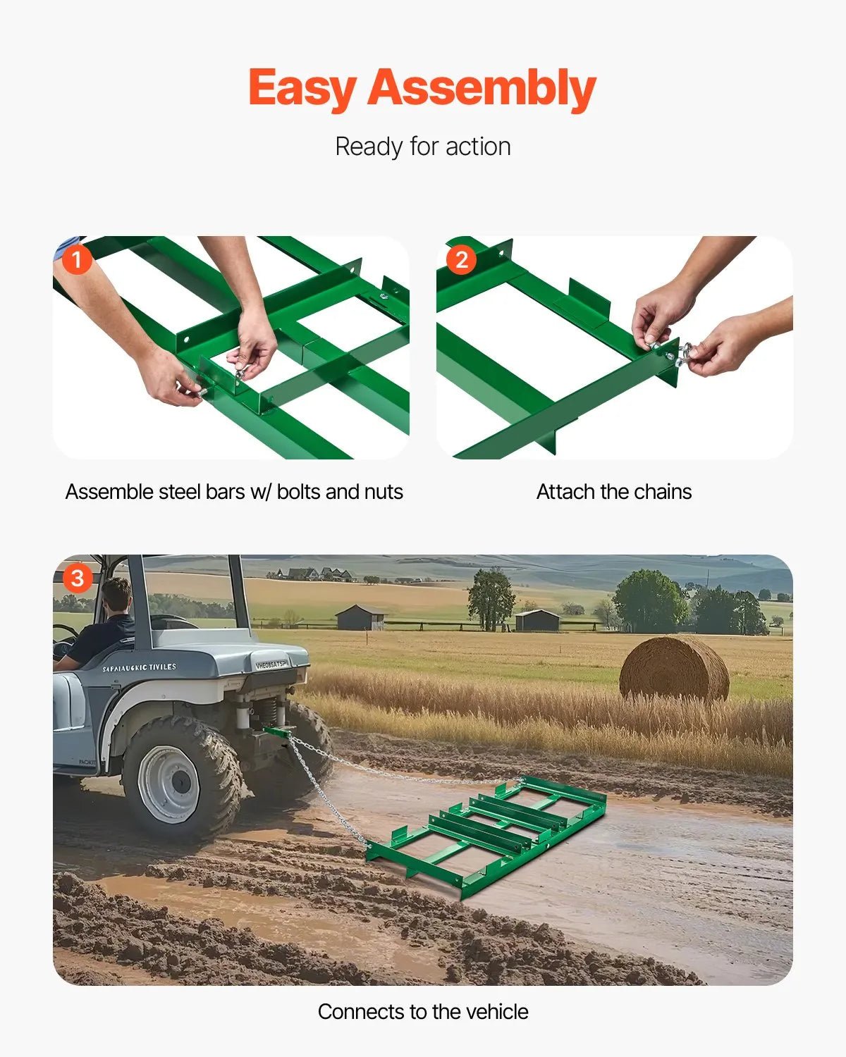 VEVOR velkamais ecēšu izlīdzinātājs, 1220 mm darba platums, Q235 tērauds, ar regulējamiem stieņiem un 1829 mm ķēdi, paredzēts ATV, UTV, traktoriem un zāles pļāvējiem, teritoriju un zāliena izlīdzināšanai - ZEMLETES.LV