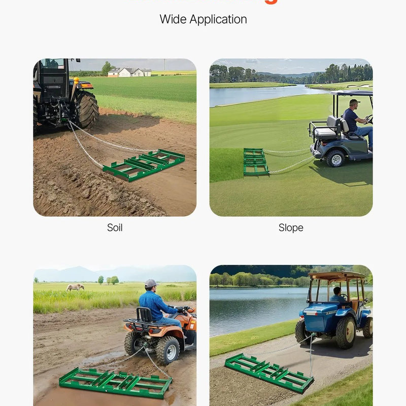 VEVOR velkamais ecēšu izlīdzinātājs, 1220 mm darba platums, Q235 tērauds, ar regulējamiem stieņiem un 1829 mm ķēdi, paredzēts ATV, UTV, traktoriem un zāles pļāvējiem, teritoriju un zāliena izlīdzināšanai - ZEMLETES.LV