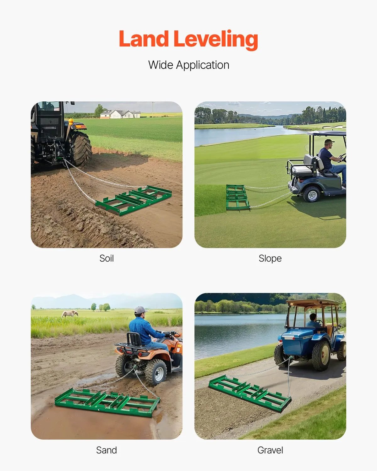 VEVOR velkamais ecēšu izlīdzinātājs, 1220 mm darba platums, Q235 tērauds, ar regulējamiem stieņiem un 1829 mm ķēdi, paredzēts ATV, UTV, traktoriem un zāles pļāvējiem, teritoriju un zāliena izlīdzināšanai - ZEMLETES.LV