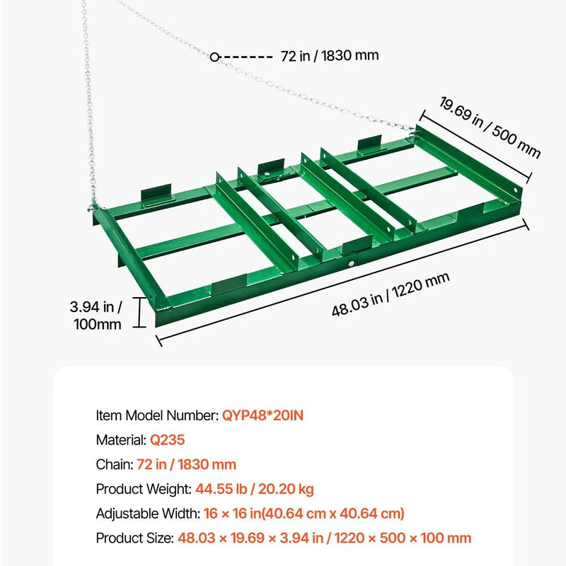 VEVOR velkamais ecēšu izlīdzinātājs, 1220 mm darba platums, Q235 tērauds, ar regulējamiem stieņiem un 1829 mm ķēdi, paredzēts ATV, UTV, traktoriem un zāles pļāvējiem, teritoriju un zāliena izlīdzināšanai - ZEMLETES.LV