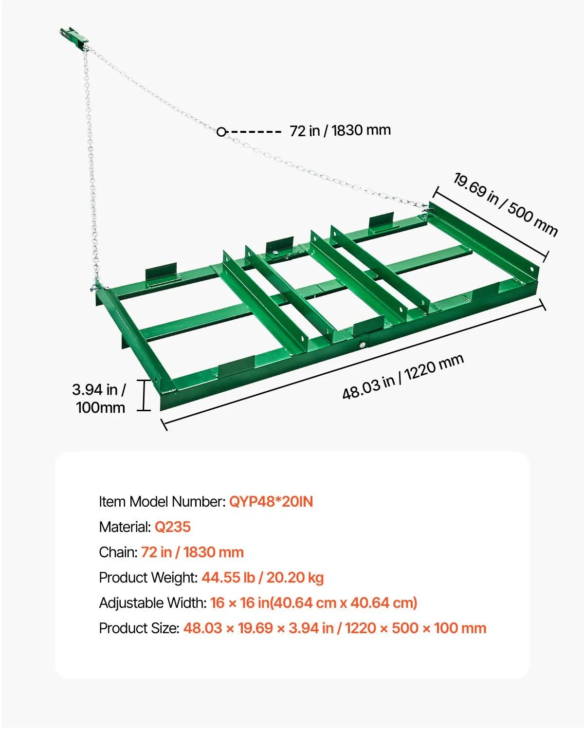 VEVOR velkamais ecēšu izlīdzinātājs, 1220 mm darba platums, Q235 tērauds, ar regulējamiem stieņiem un 1829 mm ķēdi, paredzēts ATV, UTV, traktoriem un zāles pļāvējiem, teritoriju un zāliena izlīdzināšanai - ZEMLETES.LV