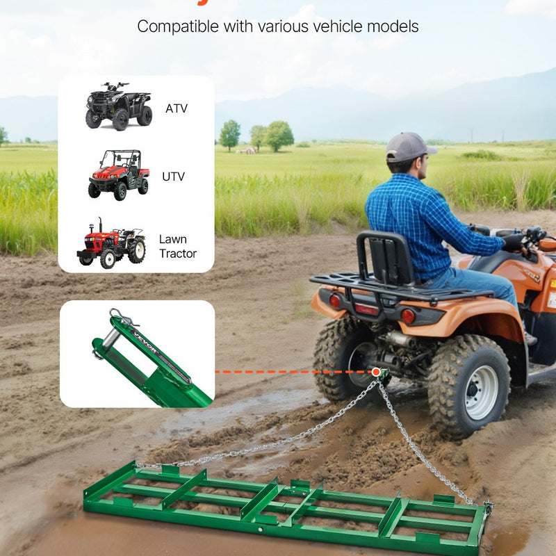 VEVOR velkamā ecēša 1,83 m plata smagas slodzes ar regulējamiem stieņiem un 1,83 m ķēdi, ceļu un teritorijas līdzināšanas grābeklis ATV, UTV, traktoram un zāles pļāvējam - ZEMLETES.LV