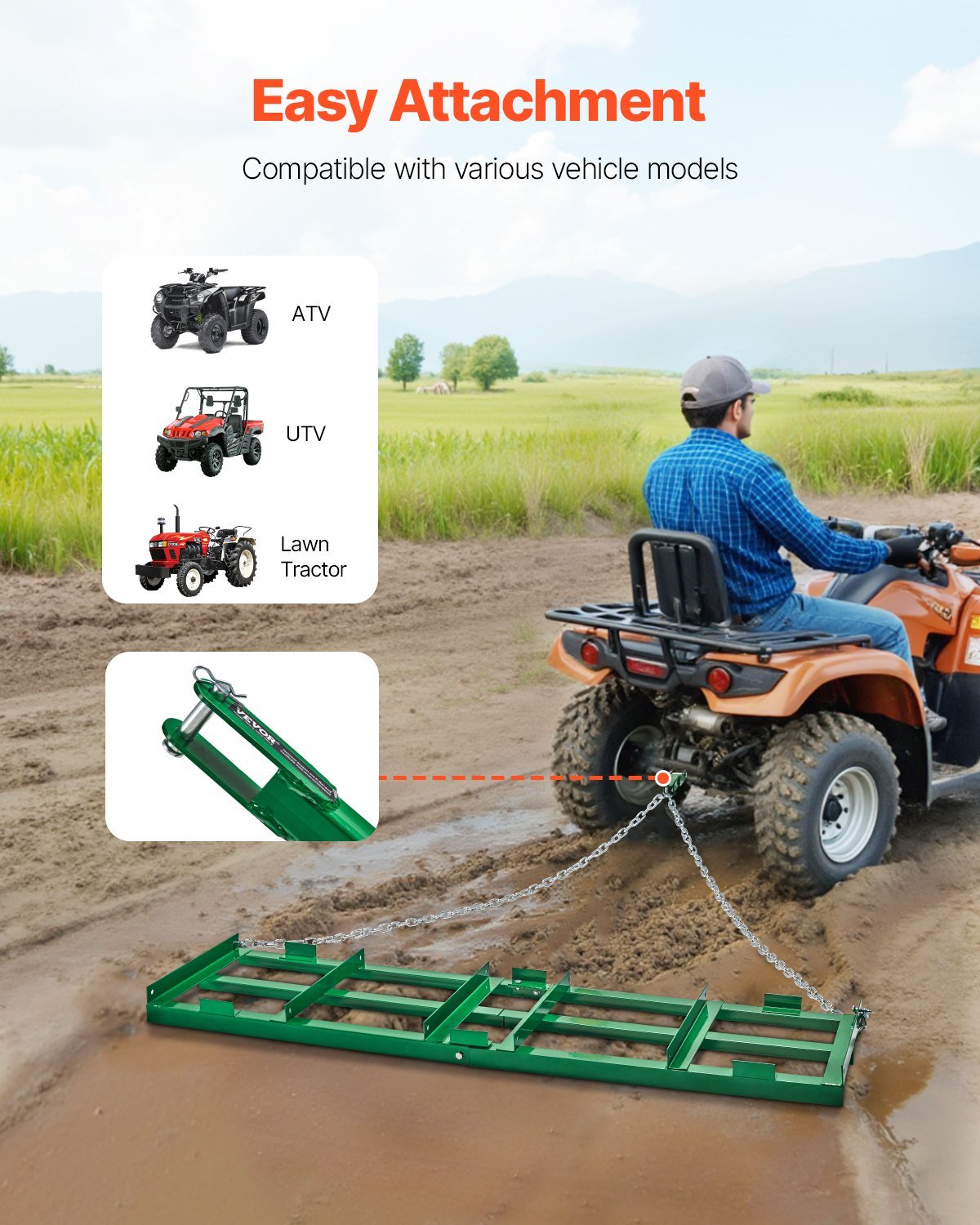 VEVOR velkamā ecēša 1,83 m plata smagas slodzes ar regulējamiem stieņiem un 1,83 m ķēdi, ceļu un teritorijas līdzināšanas grābeklis ATV, UTV, traktoram un zāles pļāvējam - ZEMLETES.LV