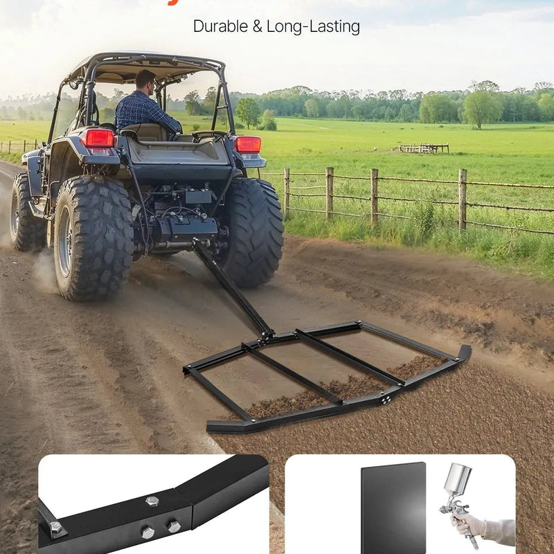 VEVOR velkamais ecēšu izlīdzinātājs, darba platums 1829 mm, Q235 tērauds, ar tapas tipa sakabi, paredzēts ATV, UTV un dārza traktoriem, piebraucamo ceļu un teritoriju izlīdzināšanai - ZEMLETES.LV