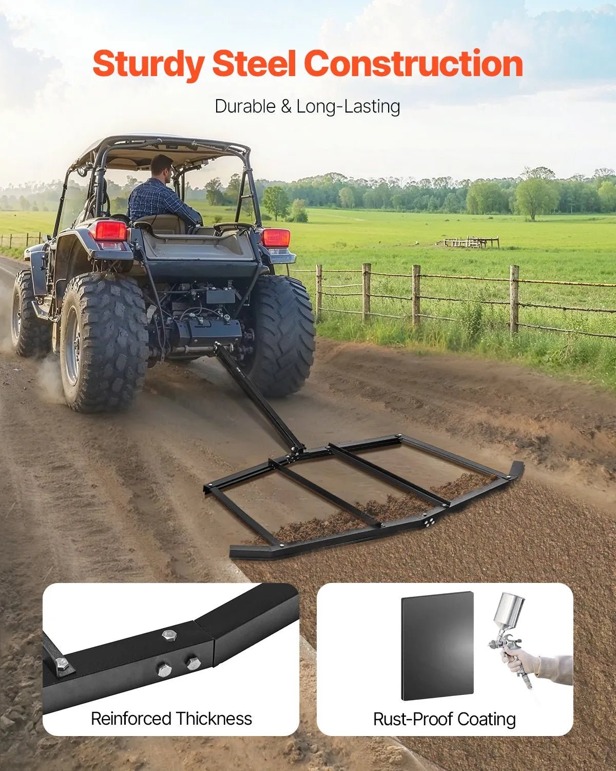 VEVOR velkamais ecēšu izlīdzinātājs, darba platums 1829 mm, Q235 tērauds, ar tapas tipa sakabi, paredzēts ATV, UTV un dārza traktoriem, piebraucamo ceļu un teritoriju izlīdzināšanai - ZEMLETES.LV
