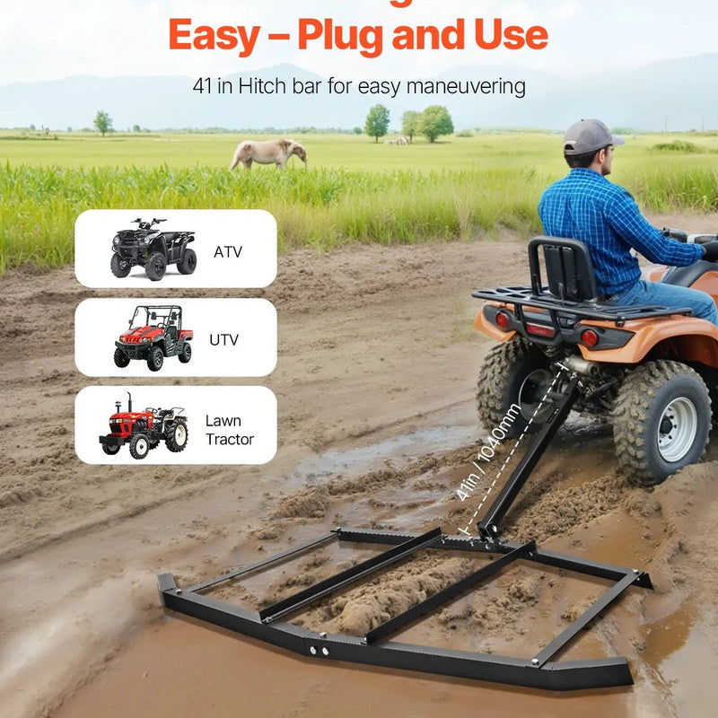 VEVOR velkamais ecēšu izlīdzinātājs, darba platums 1829 mm, Q235 tērauds, ar tapas tipa sakabi, paredzēts ATV, UTV un dārza traktoriem, piebraucamo ceļu un teritoriju izlīdzināšanai - ZEMLETES.LV