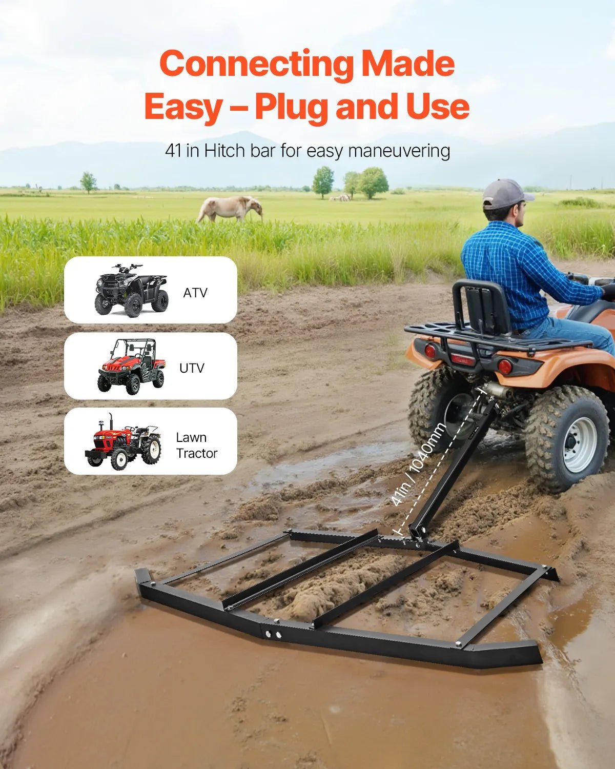 VEVOR velkamais ecēšu izlīdzinātājs, darba platums 1829 mm, Q235 tērauds, ar tapas tipa sakabi, paredzēts ATV, UTV un dārza traktoriem, piebraucamo ceļu un teritoriju izlīdzināšanai - ZEMLETES.LV