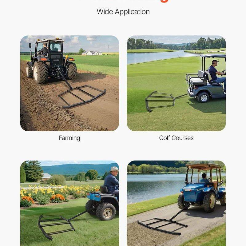 VEVOR velkamais ecēšu izlīdzinātājs, darba platums 1829 mm, Q235 tērauds, ar tapas tipa sakabi, paredzēts ATV, UTV un dārza traktoriem, piebraucamo ceļu un teritoriju izlīdzināšanai - ZEMLETES.LV