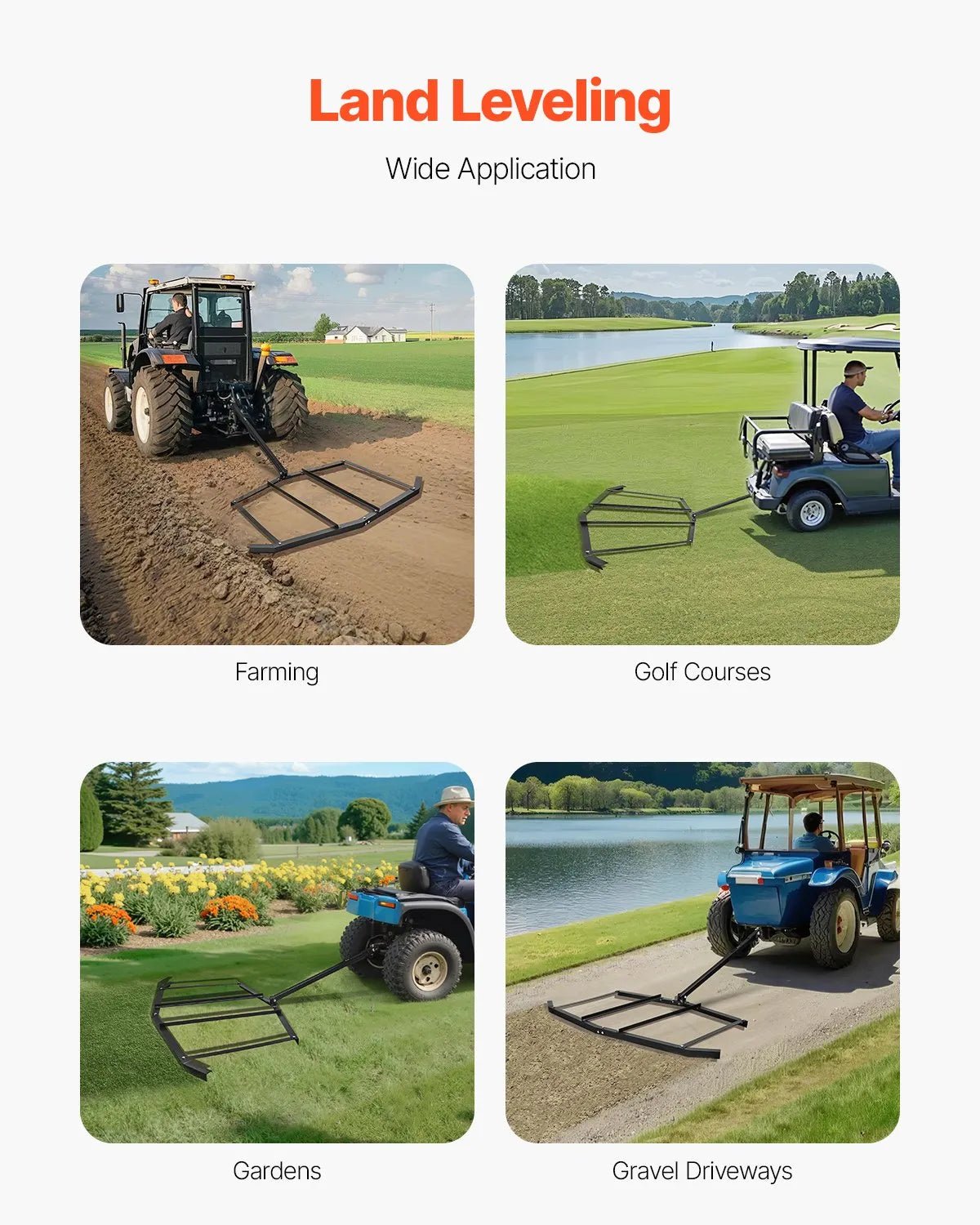 VEVOR velkamais ecēšu izlīdzinātājs, darba platums 1829 mm, Q235 tērauds, ar tapas tipa sakabi, paredzēts ATV, UTV un dārza traktoriem, piebraucamo ceļu un teritoriju izlīdzināšanai - ZEMLETES.LV