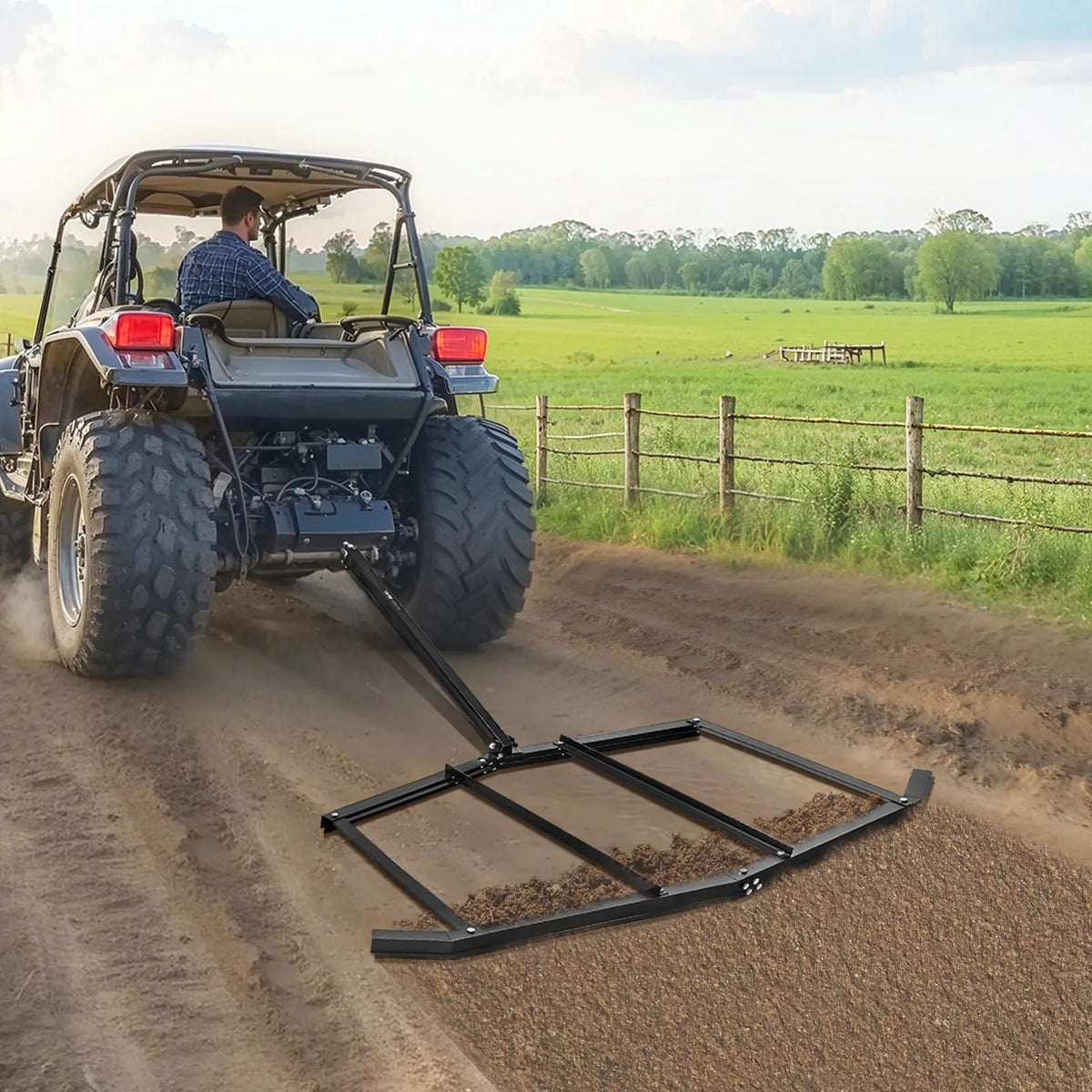 VEVOR velkamais ecēšu izlīdzinātājs, darba platums 1829 mm, Q235 tērauds, ar tapas tipa sakabi, paredzēts ATV, UTV un dārza traktoriem, piebraucamo ceļu un teritoriju izlīdzināšanai - ZEMLETES.LV