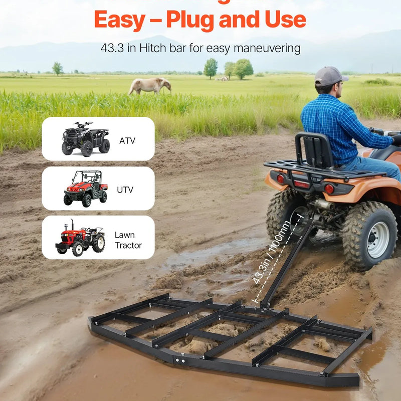 VEVOR velkamais ecēšu līdzinātājs, 2134 mm plats piekabināms ecēšu līdzinātājs no Q235 tērauda ar regulējamiem stieņiem un tapas sakabi, paredzēts slodzei līdz 22,7 kg, traktoru piekabināmās ecēšas ATV, UTV un dārza zāliena traktoriem