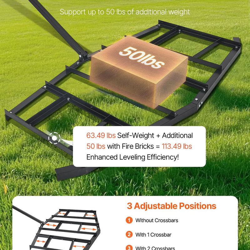 VEVOR velkamais ecēšu līdzinātājs, 2134 mm plats piekabināms ecēšu līdzinātājs no Q235 tērauda ar regulējamiem stieņiem un tapas sakabi, paredzēts slodzei līdz 22,7 kg, traktoru piekabināmās ecēšas ATV, UTV un dārza zāliena traktoriem