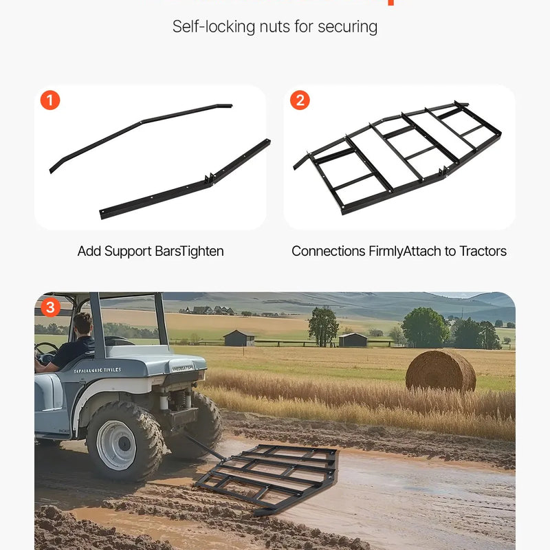 VEVOR velkamais ecēšu līdzinātājs, 2134 mm plats piekabināms ecēšu līdzinātājs no Q235 tērauda ar regulējamiem stieņiem un tapas sakabi, paredzēts slodzei līdz 22,7 kg, traktoru piekabināmās ecēšas ATV, UTV un dārza zāliena traktoriem