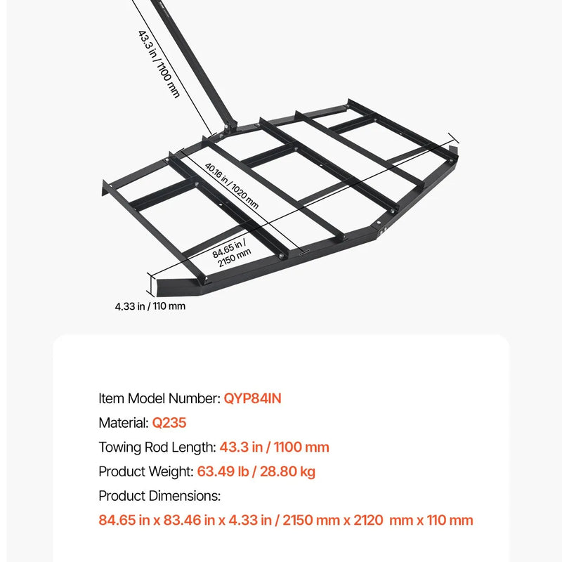 VEVOR velkamais ecēšu līdzinātājs, 2134 mm plats piekabināms ecēšu līdzinātājs no Q235 tērauda ar regulējamiem stieņiem un tapas sakabi, paredzēts slodzei līdz 22,7 kg, traktoru piekabināmās ecēšas ATV, UTV un dārza zāliena traktoriem