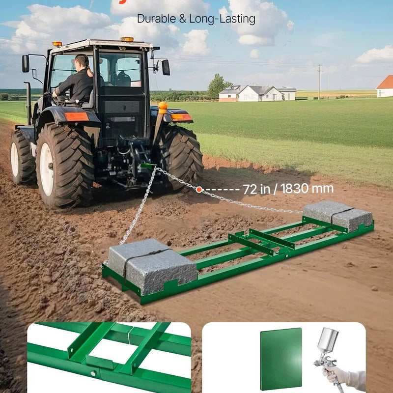 VEVOR velkamais ecēšu izlīdzinātājs, 2438 mm darba platums, Q235 tērauds, ar regulējamiem stieņiem un 1829 mm ķēdi, paredzēts ATV, UTV, traktoriem un zāles pļāvējiem, teritoriju un zāliena izlīdzināšanai - ZEMLETES.LV