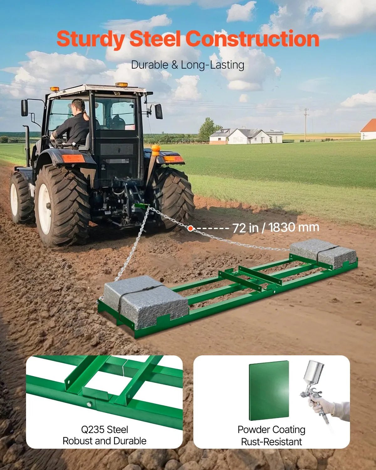 VEVOR velkamais ecēšu izlīdzinātājs, 2438 mm darba platums, Q235 tērauds, ar regulējamiem stieņiem un 1829 mm ķēdi, paredzēts ATV, UTV, traktoriem un zāles pļāvējiem, teritoriju un zāliena izlīdzināšanai - ZEMLETES.LV