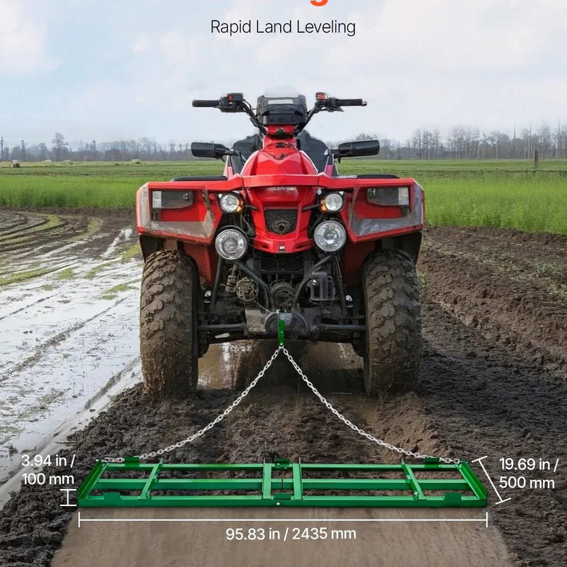 VEVOR velkamais ecēšu izlīdzinātājs, 2438 mm darba platums, Q235 tērauds, ar regulējamiem stieņiem un 1829 mm ķēdi, paredzēts ATV, UTV, traktoriem un zāles pļāvējiem, teritoriju un zāliena izlīdzināšanai - ZEMLETES.LV