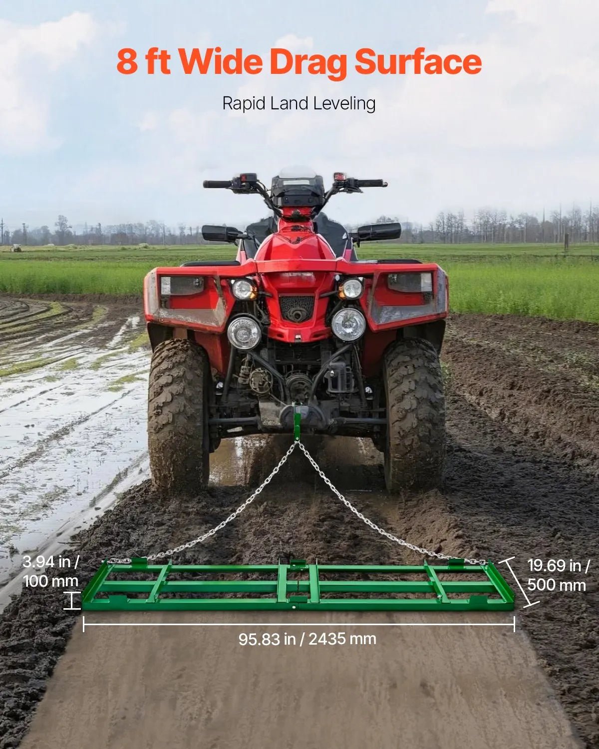 VEVOR velkamais ecēšu izlīdzinātājs, 2438 mm darba platums, Q235 tērauds, ar regulējamiem stieņiem un 1829 mm ķēdi, paredzēts ATV, UTV, traktoriem un zāles pļāvējiem, teritoriju un zāliena izlīdzināšanai - ZEMLETES.LV