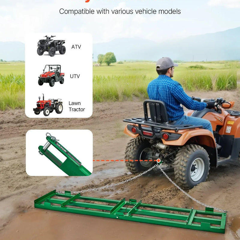 VEVOR velkamais ecēšu izlīdzinātājs, 2438 mm darba platums, Q235 tērauds, ar regulējamiem stieņiem un 1829 mm ķēdi, paredzēts ATV, UTV, traktoriem un zāles pļāvējiem, teritoriju un zāliena izlīdzināšanai - ZEMLETES.LV