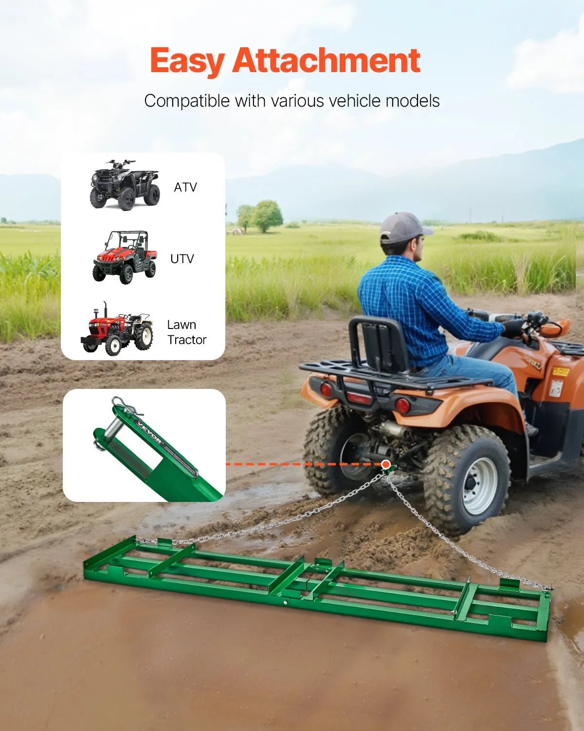 VEVOR velkamais ecēšu izlīdzinātājs, 2438 mm darba platums, Q235 tērauds, ar regulējamiem stieņiem un 1829 mm ķēdi, paredzēts ATV, UTV, traktoriem un zāles pļāvējiem, teritoriju un zāliena izlīdzināšanai - ZEMLETES.LV