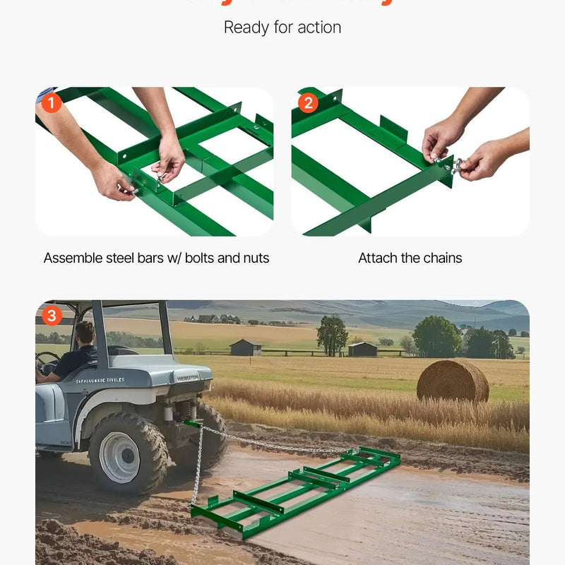 VEVOR velkamais ecēšu izlīdzinātājs, 2438 mm darba platums, Q235 tērauds, ar regulējamiem stieņiem un 1829 mm ķēdi, paredzēts ATV, UTV, traktoriem un zāles pļāvējiem, teritoriju un zāliena izlīdzināšanai - ZEMLETES.LV
