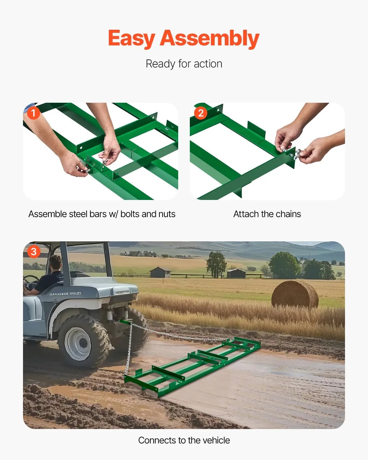 VEVOR velkamais ecēšu izlīdzinātājs, 2438 mm darba platums, Q235 tērauds, ar regulējamiem stieņiem un 1829 mm ķēdi, paredzēts ATV, UTV, traktoriem un zāles pļāvējiem, teritoriju un zāliena izlīdzināšanai - ZEMLETES.LV
