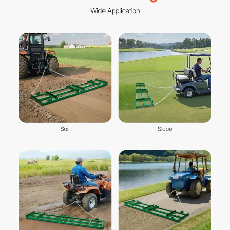 VEVOR velkamais ecēšu izlīdzinātājs, 2438 mm darba platums, Q235 tērauds, ar regulējamiem stieņiem un 1829 mm ķēdi, paredzēts ATV, UTV, traktoriem un zāles pļāvējiem, teritoriju un zāliena izlīdzināšanai - ZEMLETES.LV