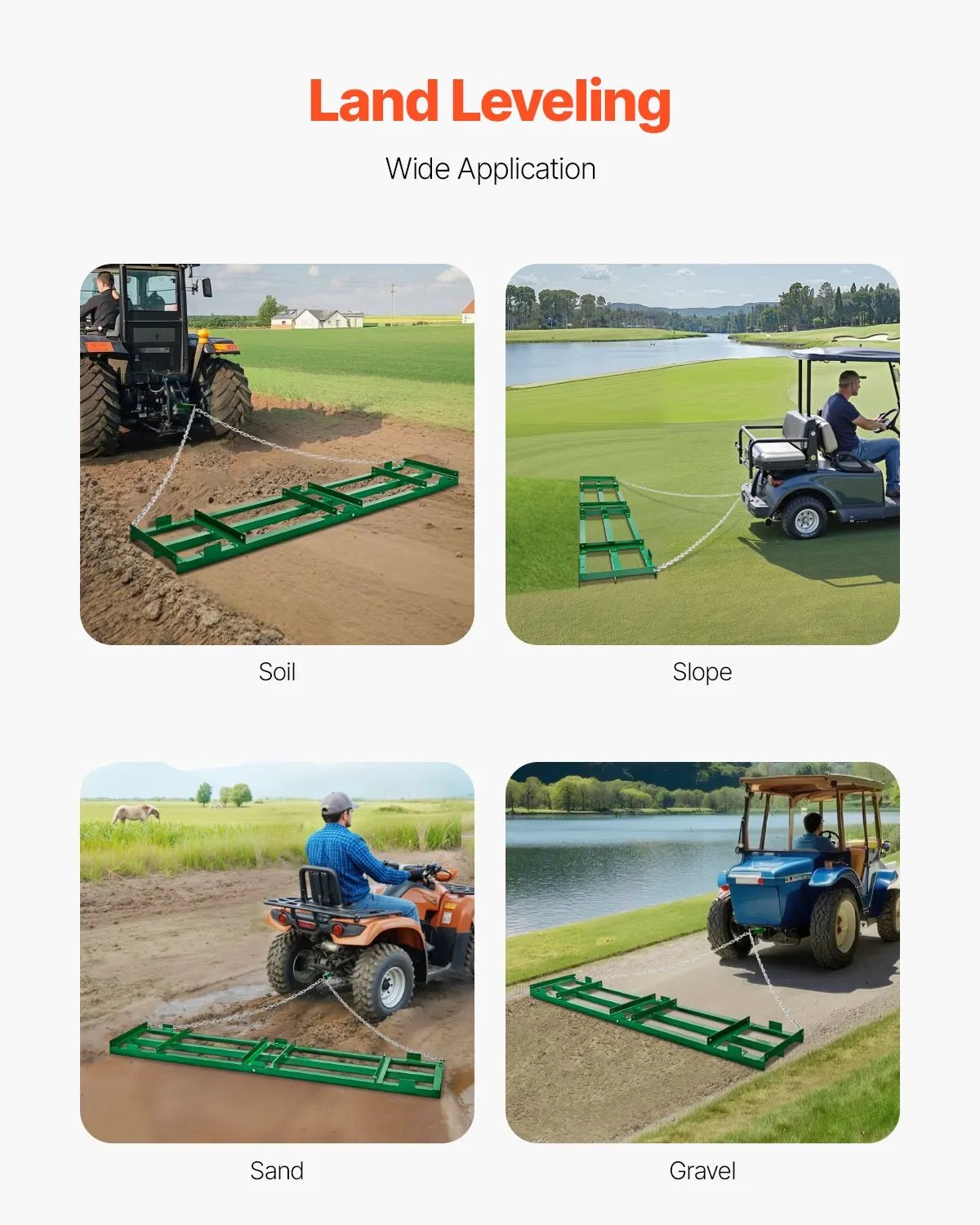 VEVOR velkamais ecēšu izlīdzinātājs, 2438 mm darba platums, Q235 tērauds, ar regulējamiem stieņiem un 1829 mm ķēdi, paredzēts ATV, UTV, traktoriem un zāles pļāvējiem, teritoriju un zāliena izlīdzināšanai - ZEMLETES.LV