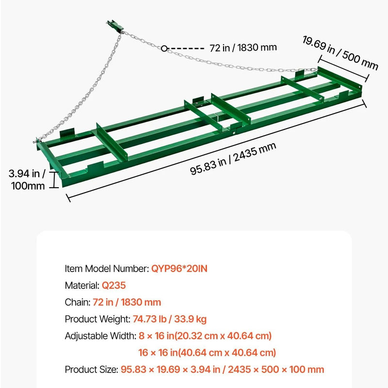 VEVOR velkamais ecēšu izlīdzinātājs, 2438 mm darba platums, Q235 tērauds, ar regulējamiem stieņiem un 1829 mm ķēdi, paredzēts ATV, UTV, traktoriem un zāles pļāvējiem, teritoriju un zāliena izlīdzināšanai - ZEMLETES.LV