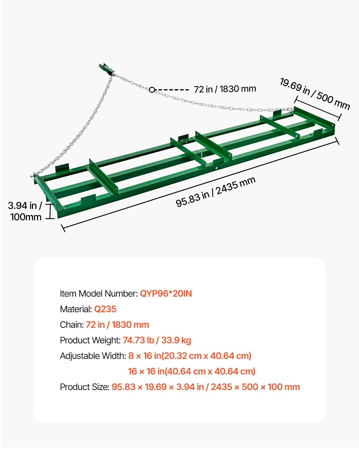 VEVOR velkamais ecēšu izlīdzinātājs, 2438 mm darba platums, Q235 tērauds, ar regulējamiem stieņiem un 1829 mm ķēdi, paredzēts ATV, UTV, traktoriem un zāles pļāvējiem, teritoriju un zāliena izlīdzināšanai - ZEMLETES.LV