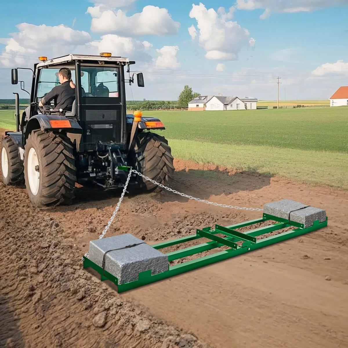 VEVOR velkamais ecēšu izlīdzinātājs, 2438 mm darba platums, Q235 tērauds, ar regulējamiem stieņiem un 1829 mm ķēdi, paredzēts ATV, UTV, traktoriem un zāles pļāvējiem, teritoriju un zāliena izlīdzināšanai - ZEMLETES.LV