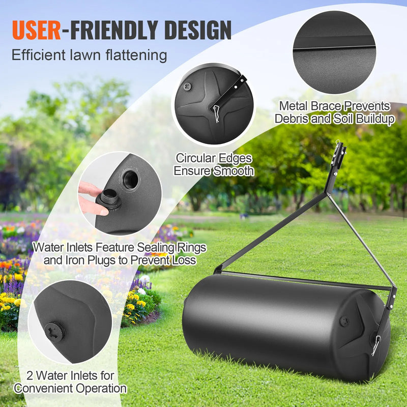 VEVOR piekabināms zāliena veltnis, 181 kg ar smiltīm vai ūdeni pildāms dārza veltnis, LLDPE cilindrs un tērauda rāmis, zāliena veltnis ar viegli pagriežamu uzpildes aizbāzni, piekabināms traktoram vai ATV, zālienam, dārzam, saimniecībai un parkam, melns