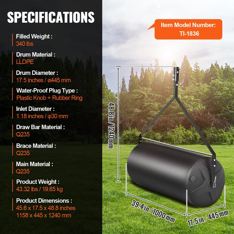 VEVOR piekabināms zāliena veltnis, 181 kg ar smiltīm vai ūdeni pildāms dārza veltnis, LLDPE cilindrs un tērauda rāmis, zāliena veltnis ar viegli pagriežamu uzpildes aizbāzni, piekabināms traktoram vai ATV, zālienam, dārzam, saimniecībai un parkam, melns