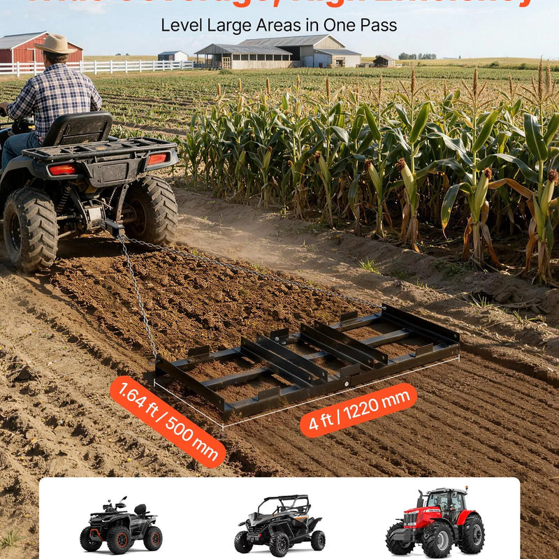 VEVOR velkamais seguma līdzinātājs 122 × 50 cm ar regulējamu platumu, kravnesība līdz 22,7 kg, smagas konstrukcijas zāliena un grants virsmas izlīdzināšanas grābeklis no cinkota tērauda, piemērots ATV, UTV un traktoriem - ZEMLETES.LV