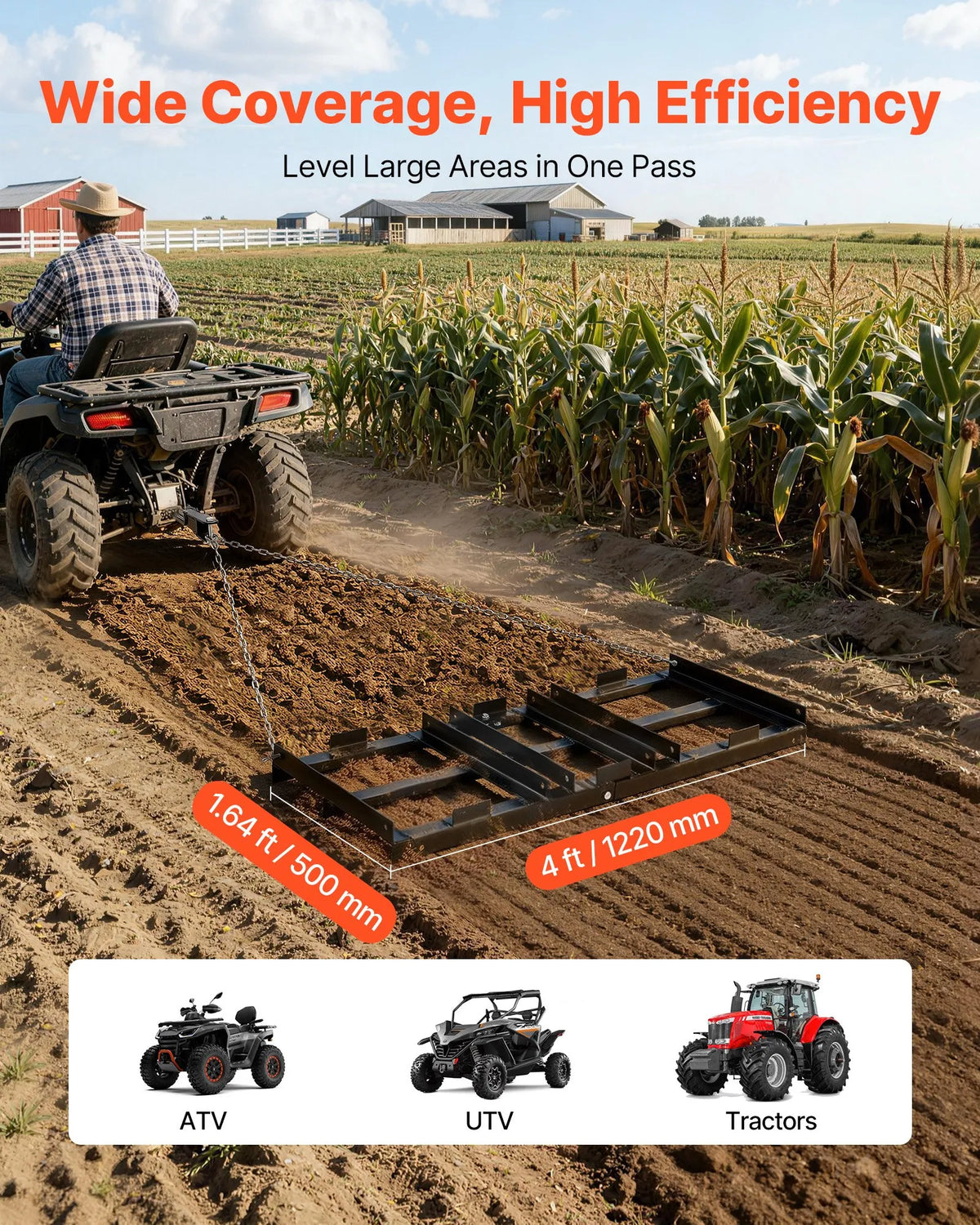 VEVOR velkamais seguma līdzinātājs 122 × 50 cm ar regulējamu platumu, kravnesība līdz 22,7 kg, smagas konstrukcijas zāliena un grants virsmas izlīdzināšanas grābeklis no cinkota tērauda, piemērots ATV, UTV un traktoriem - ZEMLETES.LV