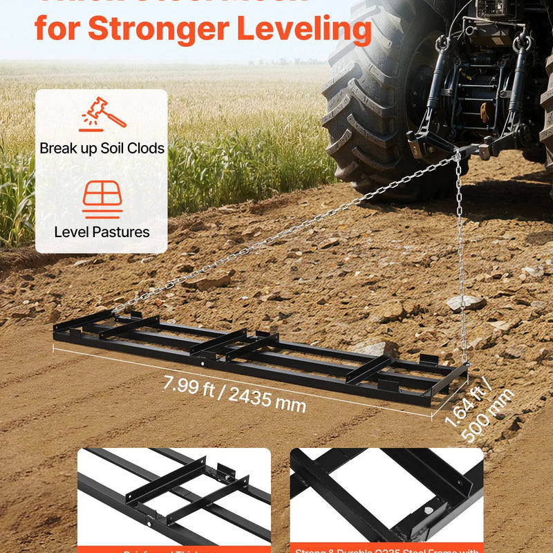 VEVOR velkamais seguma līdzinātājs 243 × 50 cm ar regulējamu platumu, kravnesība līdz 22,7 kg, smagas konstrukcijas zāliena un grants virsmas izlīdzināšanas grābeklis no cinkota tērauda, piemērots ATV, UTV un traktoriem - ZEMLETES.LV
