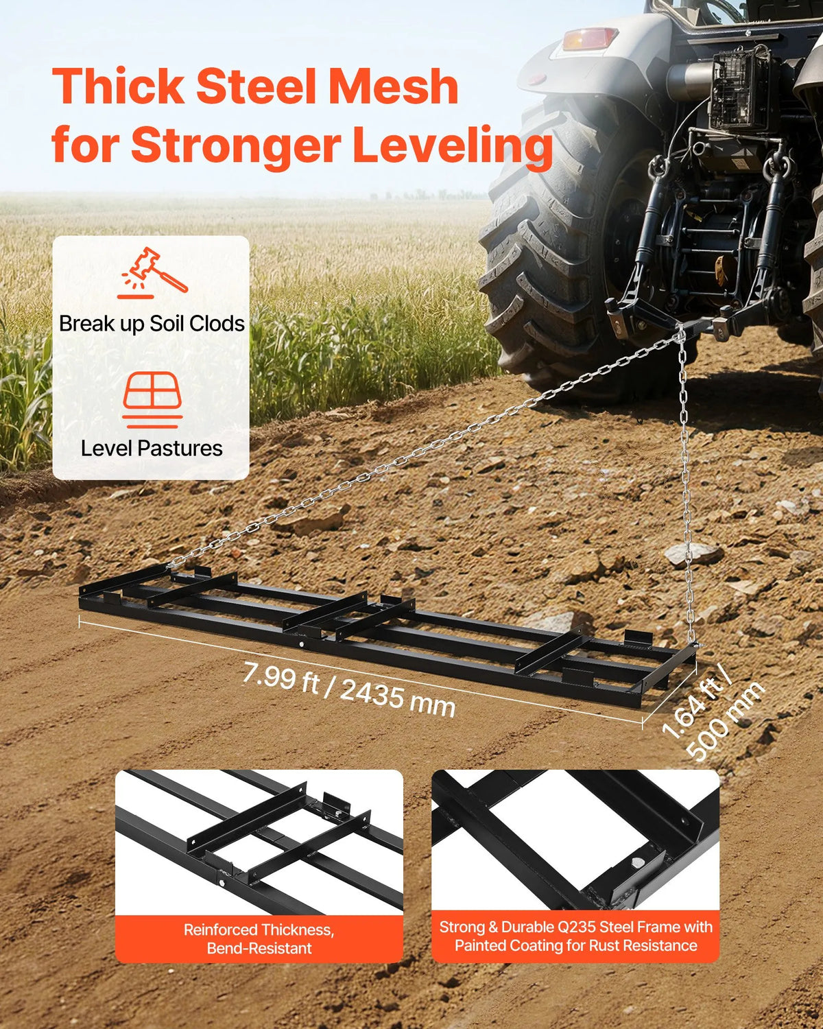 VEVOR velkamais seguma līdzinātājs 243 × 50 cm ar regulējamu platumu, kravnesība līdz 22,7 kg, smagas konstrukcijas zāliena un grants virsmas izlīdzināšanas grābeklis no cinkota tērauda, piemērots ATV, UTV un traktoriem - ZEMLETES.LV