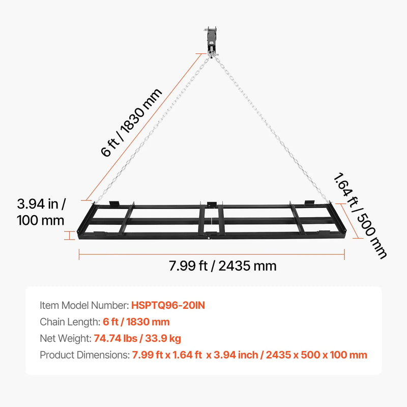 VEVOR velkamais seguma līdzinātājs 243 × 50 cm ar regulējamu platumu, kravnesība līdz 22,7 kg, smagas konstrukcijas zāliena un grants virsmas izlīdzināšanas grābeklis no cinkota tērauda, piemērots ATV, UTV un traktoriem - ZEMLETES.LV