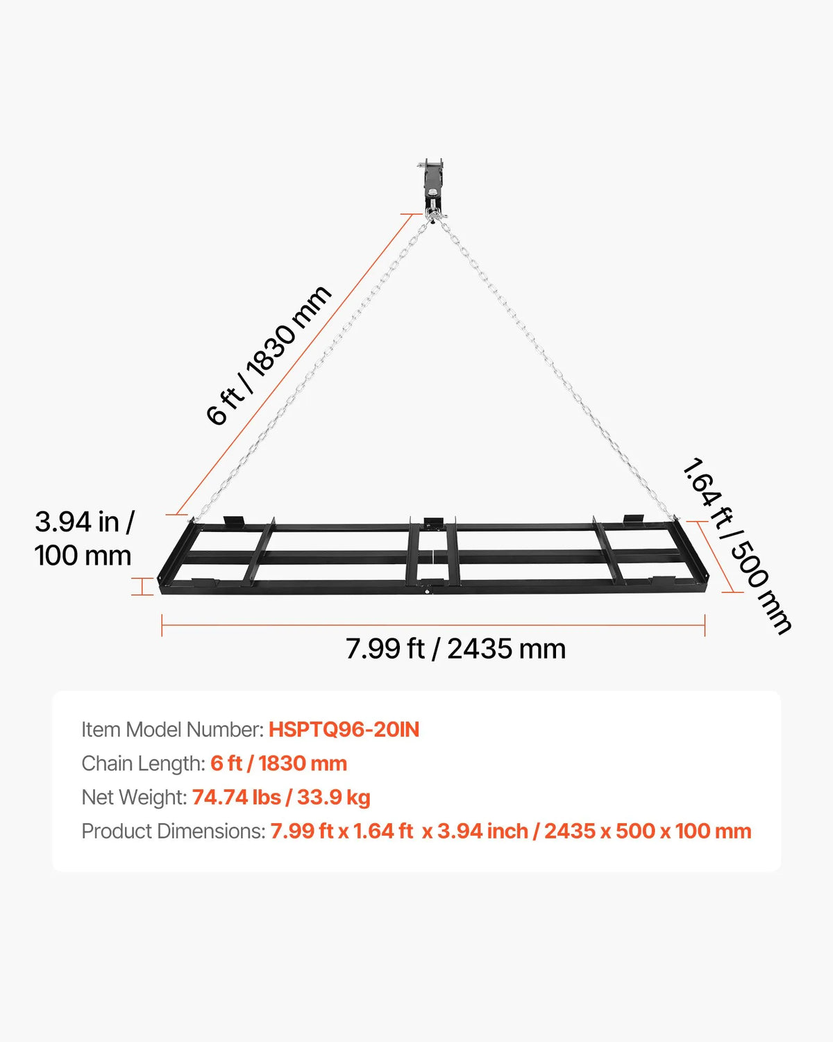 VEVOR velkamais seguma līdzinātājs 243 × 50 cm ar regulējamu platumu, kravnesība līdz 22,7 kg, smagas konstrukcijas zāliena un grants virsmas izlīdzināšanas grābeklis no cinkota tērauda, piemērots ATV, UTV un traktoriem - ZEMLETES.LV