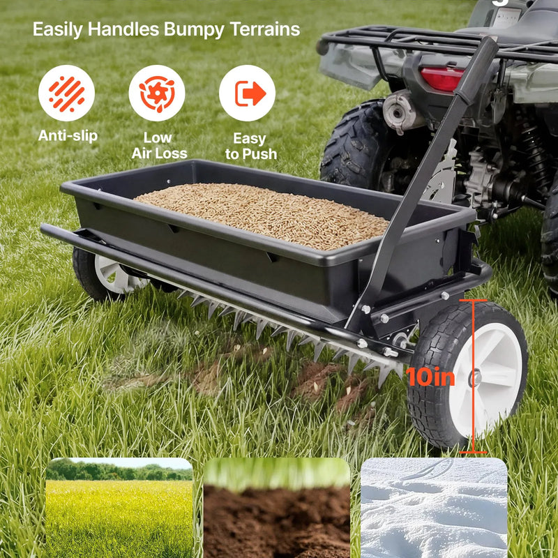 VEVOR velkamais zāliena kaisītājs ar aerācijas tapām, izkliedes platums 0,81 m, universāla sakabe, zāliena sējmašīna un augsnes aerators ar 45,36 kg ietilpību un 254 mm riepām ATV un UTV transportam - ZEMLETES.LV