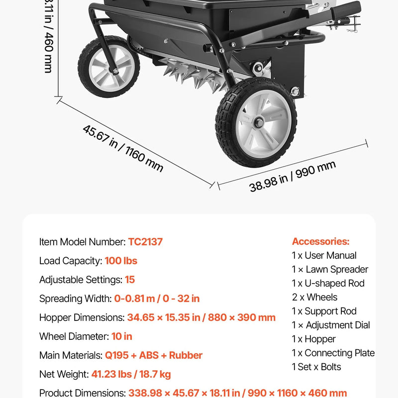VEVOR velkamais zāliena kaisītājs ar aerācijas tapām, izkliedes platums 0,81 m, universāla sakabe, zāliena sējmašīna un augsnes aerators ar 45,36 kg ietilpību un 254 mm riepām ATV un UTV transportam - ZEMLETES.LV