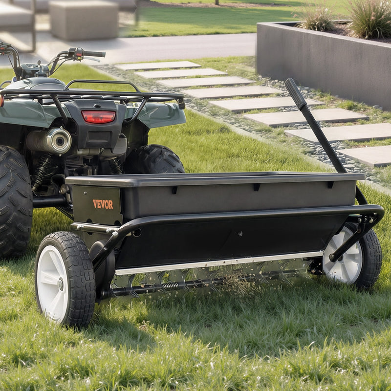 VEVOR velkamais zāliena kaisītājs ar aerācijas tapām, izkliedes platums 0,81 m, universāla sakabe, zāliena sējmašīna un augsnes aerators ar 45,36 kg ietilpību un 254 mm riepām ATV un UTV transportam - ZEMLETES.LV