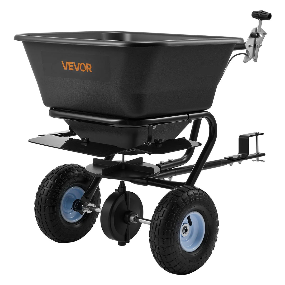 VEVOR Towed Lawn Seeder, 3 m Spread Width, Garden and Lawn Seeder with Universal Tow Hitch, 38.6 kg Capacity and 25 cm All-Terrain Tyres, Seed and Fertiliser Spreader for ATV and UTV