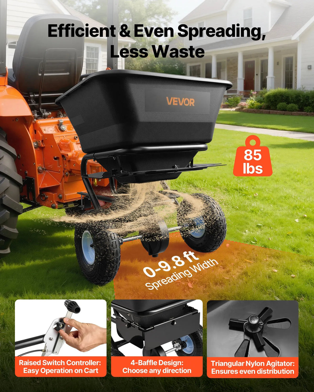 VEVOR Towed Lawn Seeder, 3 m Spread Width, Garden and Lawn Seeder with Universal Tow Hitch, 38.6 kg Capacity and 25 cm All-Terrain Tyres, Seed and Fertiliser Spreader for ATV and UTV