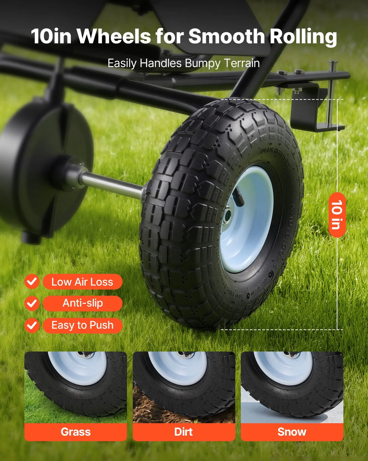 VEVOR Towed Lawn Seeder, 3 m Spread Width, Garden and Lawn Seeder with Universal Tow Hitch, 38.6 kg Capacity and 25 cm All-Terrain Tyres, Seed and Fertiliser Spreader for ATV and UTV