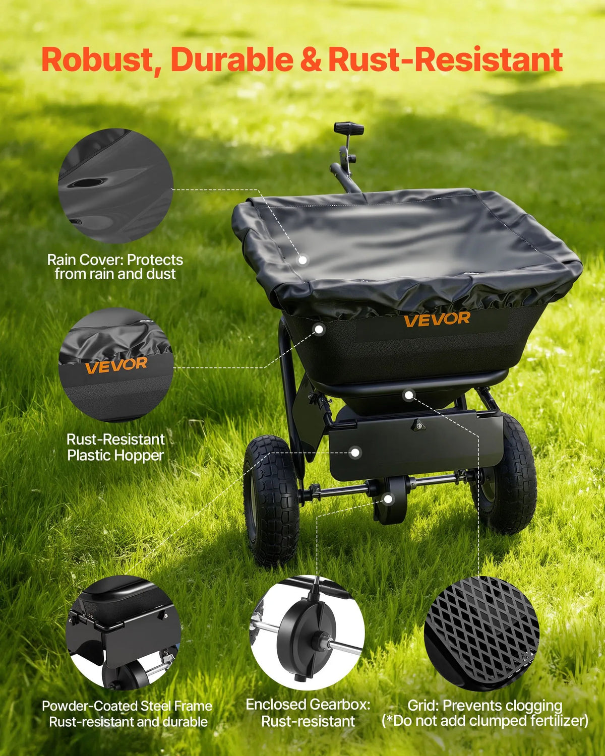 VEVOR Towed Lawn Seeder, 3 m Spread Width, Garden and Lawn Seeder with Universal Tow Hitch, 38.6 kg Capacity and 25 cm All-Terrain Tyres, Seed and Fertiliser Spreader for ATV and UTV
