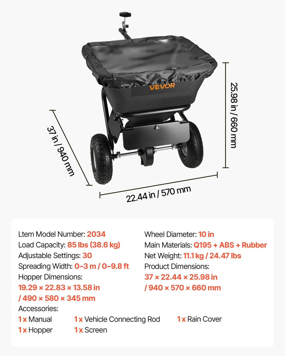 VEVOR Towed Lawn Seeder, 3 m Spread Width, Garden and Lawn Seeder with Universal Tow Hitch, 38.6 kg Capacity and 25 cm All-Terrain Tyres, Seed and Fertiliser Spreader for ATV and UTV