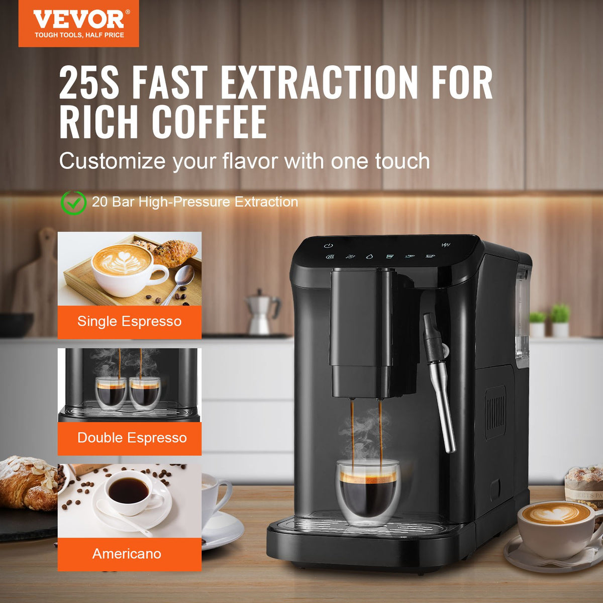 VEVOR automātiskais espresso automāts 20 bar ar tvaika sprauslu un 15 malšanas līmeņiem